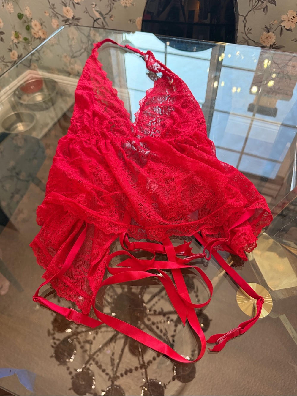 Victoria's Secret Red Lace Halter Chemise with Ribbon Ties